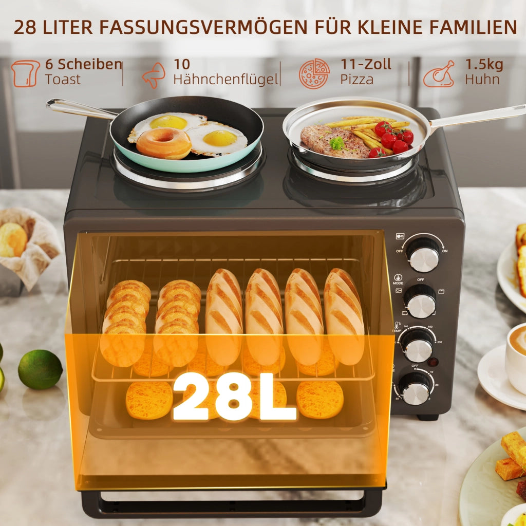 Mini Forno Elettrico 28L 2600W, 100-230°C, Timer 60 Min, con 2 Piastre Riscaldanti, Teglia, Griglia e Vassoio Briciole, Maniglia, Nero