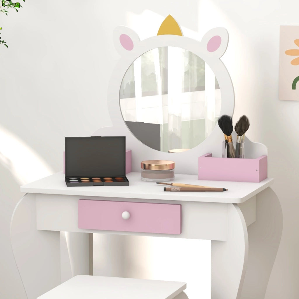 Set Toeletta Trucco Bambina 55x34x87 cm con Sgabello Specchio in Acrilico 2 Scatole Portaoggetti Design Unicorno in MDF
