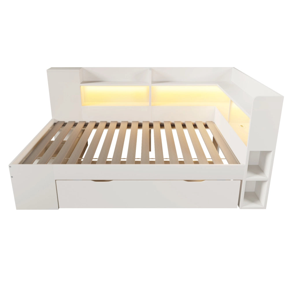 Letto singolo 90x200 cm bianco con LED, USB/Type-C, cassetti e ripiani