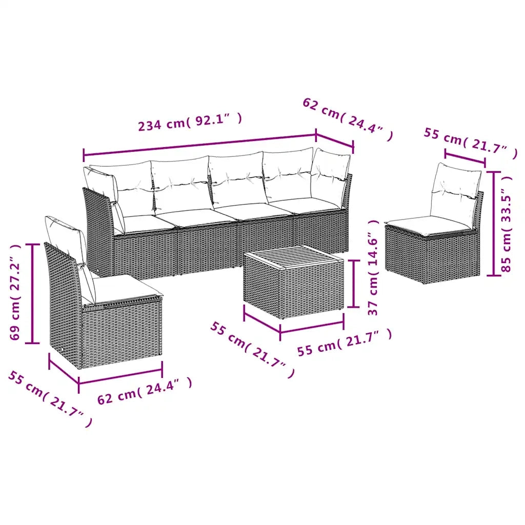 Set Divani da Giardino 7 pz con Cuscini Nero in Polyrattan 3255882