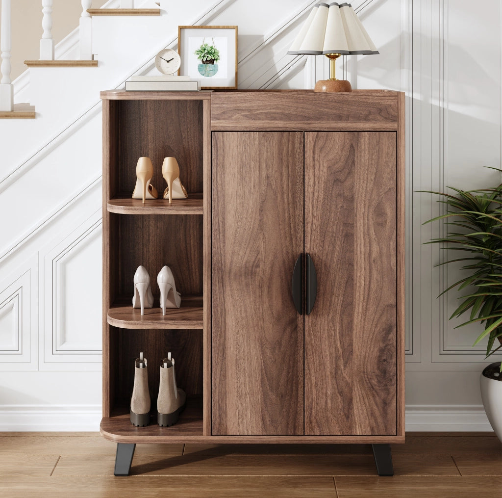 Schmaler Schuhschrank mit Doppeltüren und offenen Fächern, Nussbaumoptik, 80x32x99 cm, platzsparend für Flur und kleine Räume