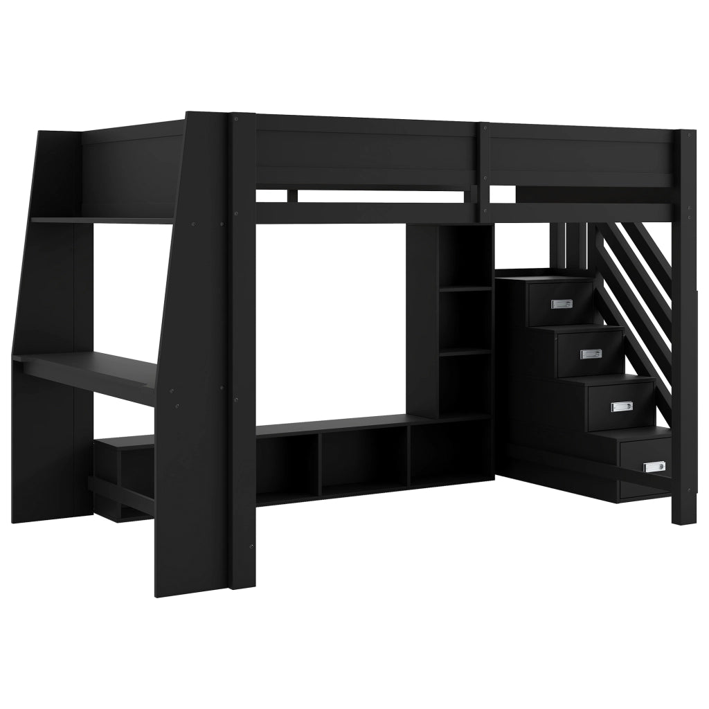 Letto a soppalco 140x200 in legno con scrivania e LED; nero