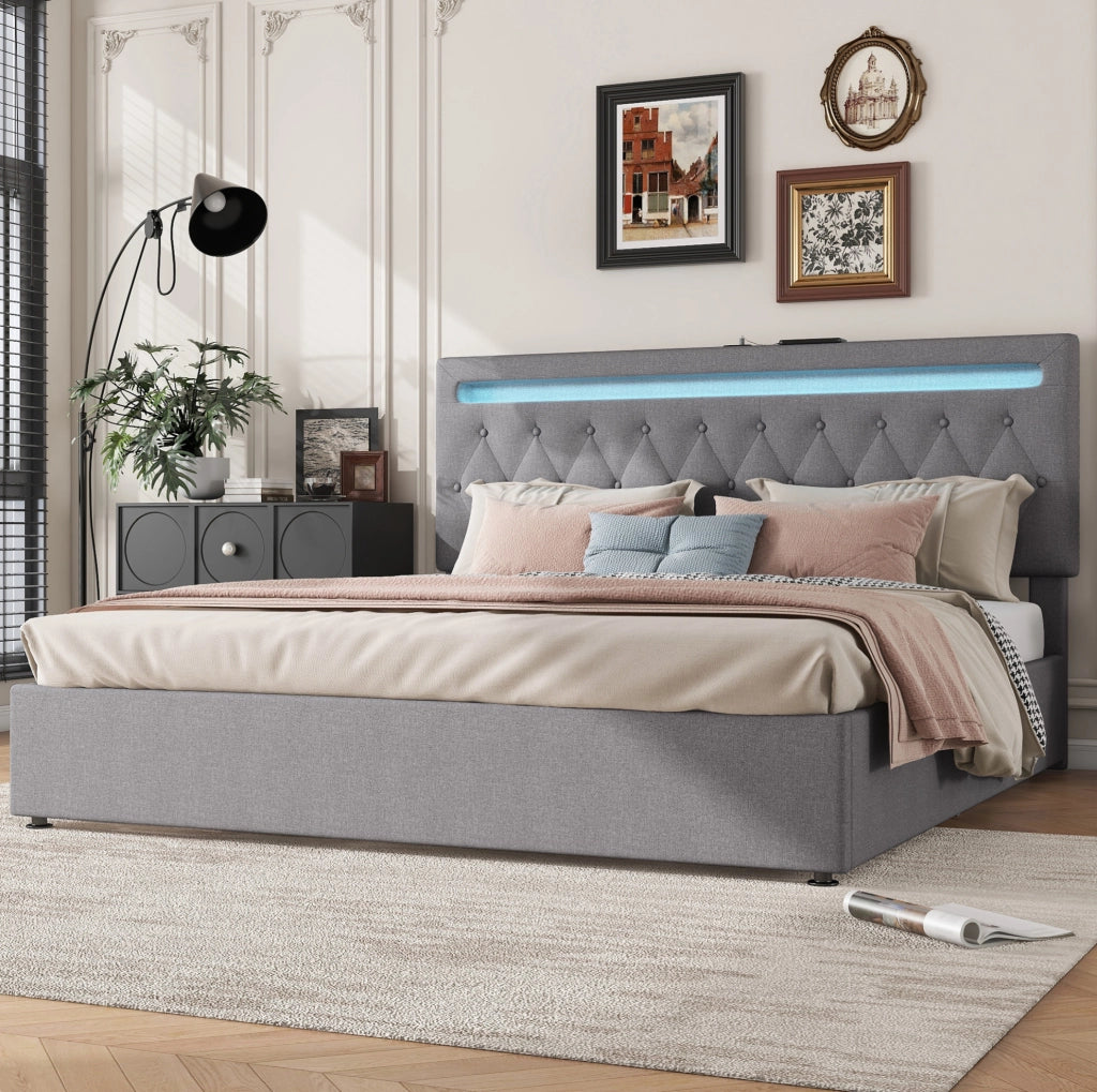 Letto imbottito 180x200 cm con contenitore, LED e porte USB