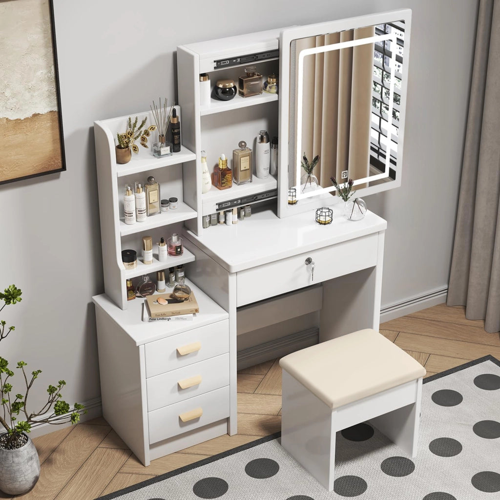 TOELETTA con specchio LED e sgabello, 4 cassetti, bianco