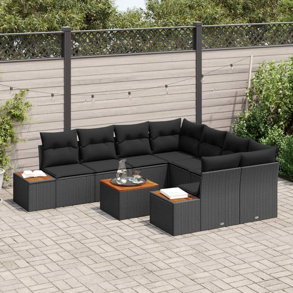 Set Divano da Giardino con cuscino 9 pcs Nero Poly Rattan