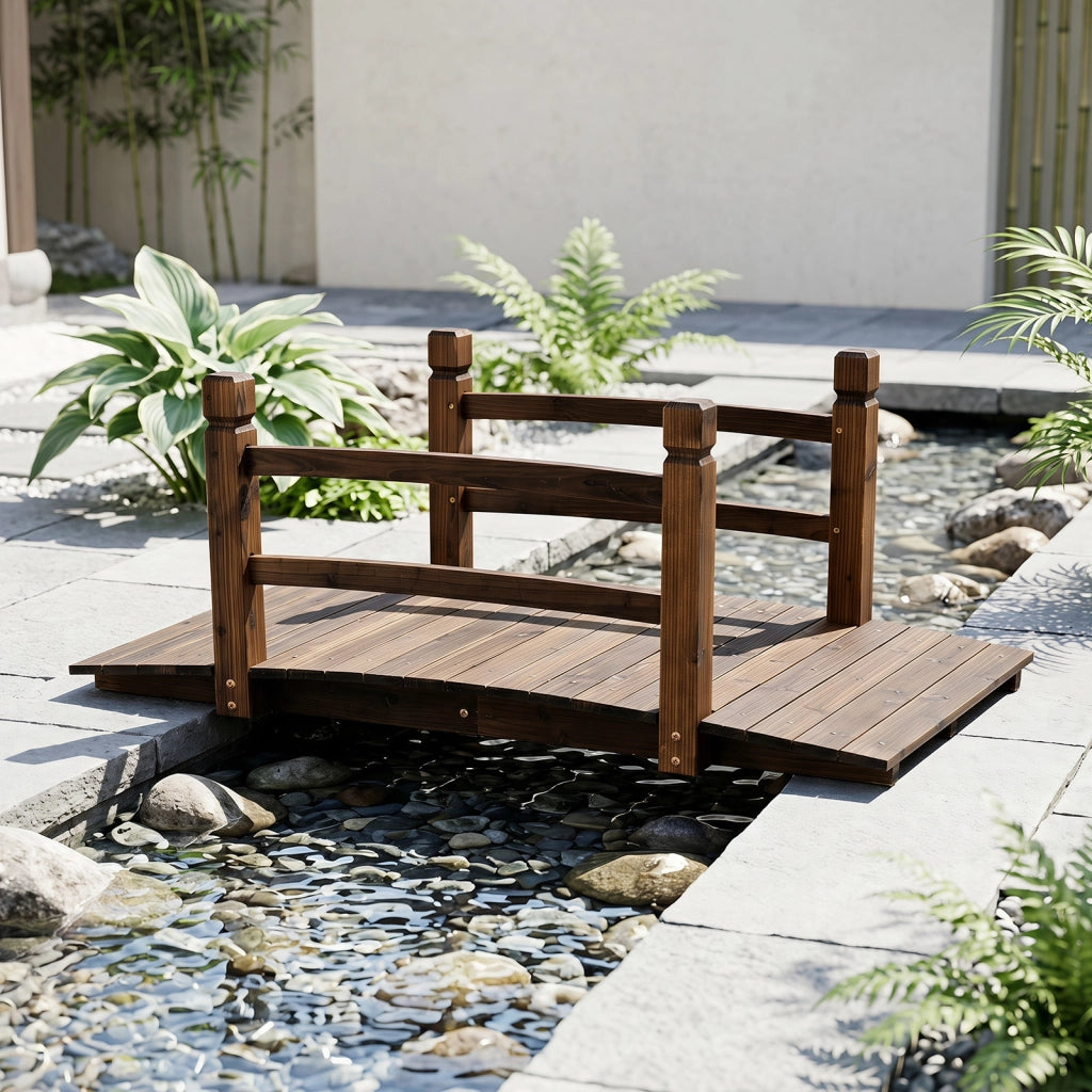 Ponte da giardino in abete carbonizzato con ringhiere, Ponticello decorativo per cortile e fattoria con portata 500 kg 125 x 68 x 47 cm