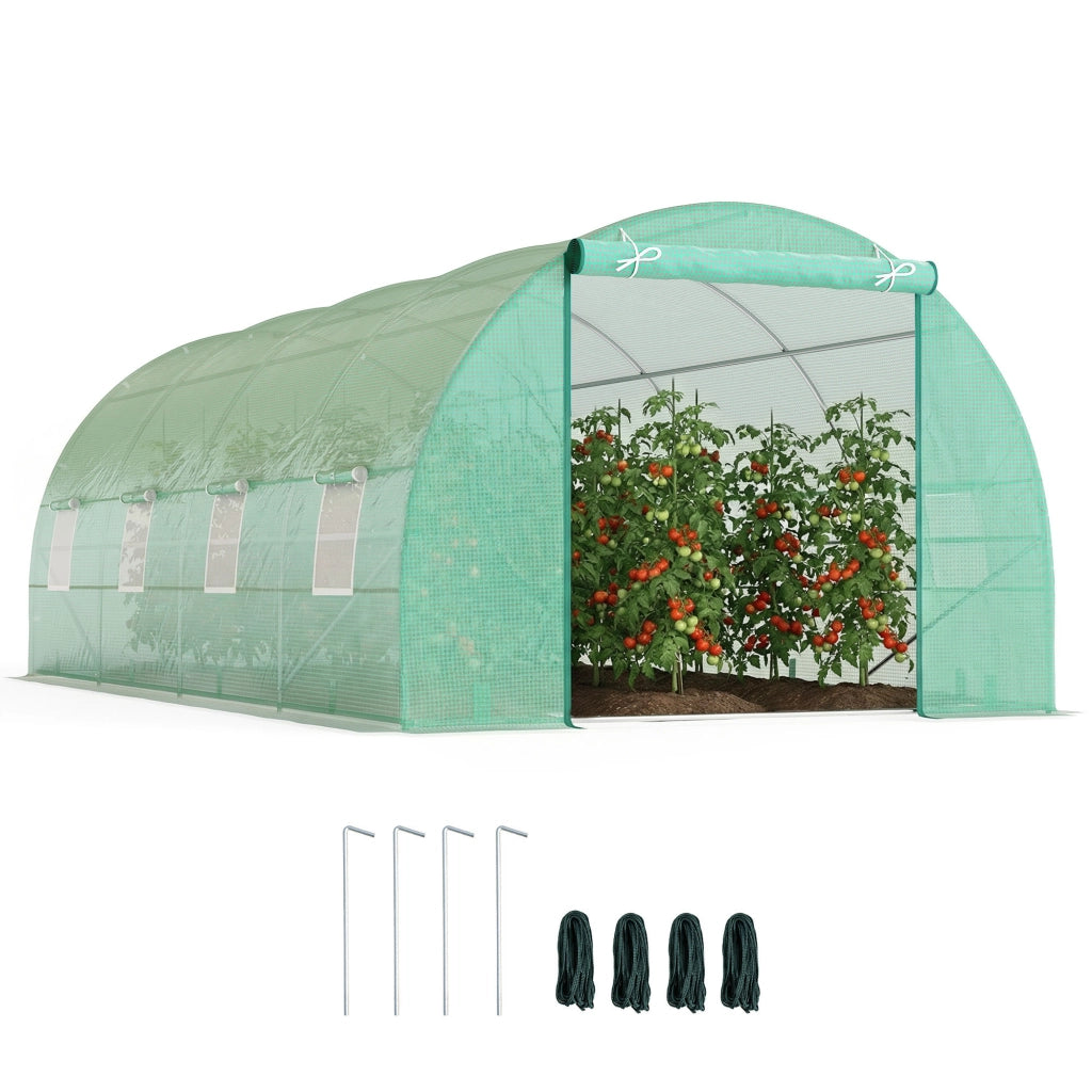 Serra per Orto a Tunnel con Porta Avvolgibile e 8 Finestre, Serra da Giardino con Copertura in PE e Struttura in Acciaio, 6x3x2 m, Verde