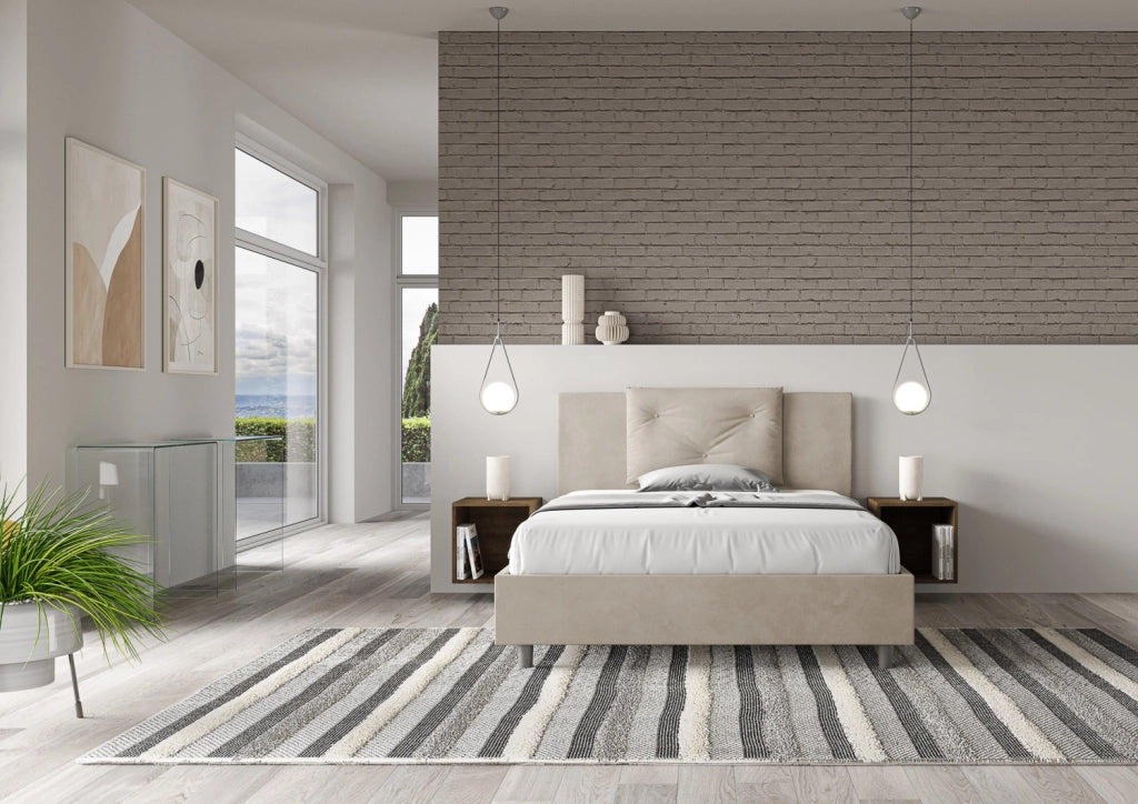 BS COM Letto matrimoniale francese senza rete imbottito 140x210 microfibra sabbia