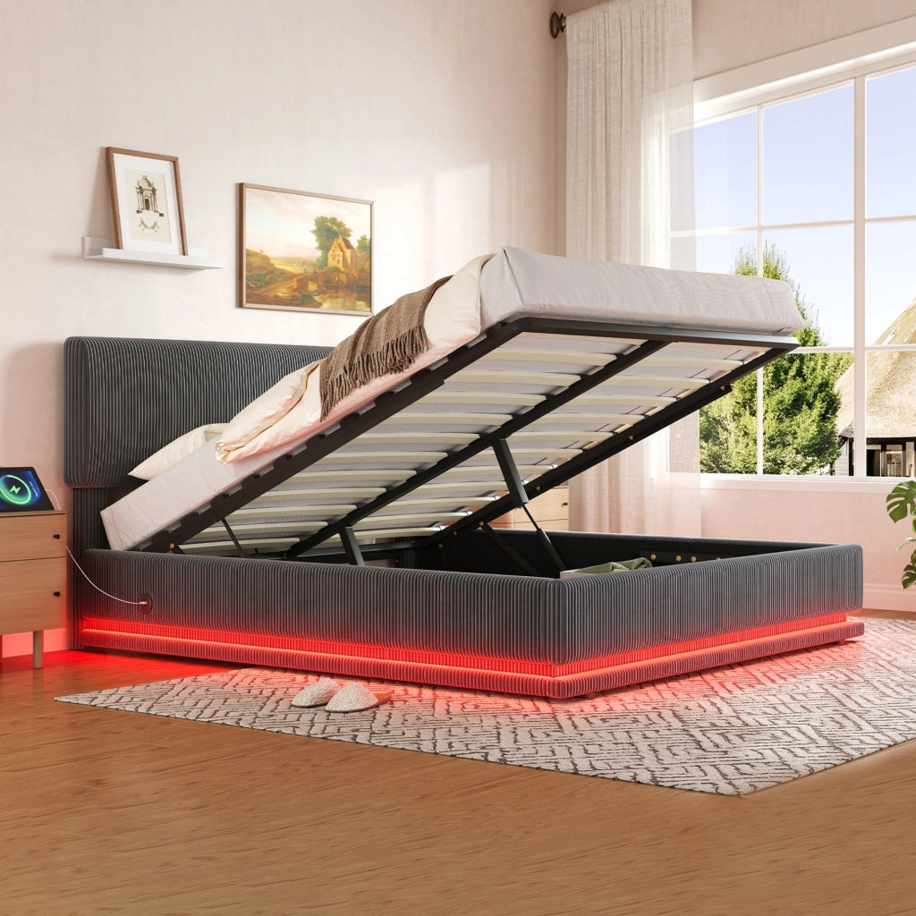 Letto imbottito 160x200 cm grigio scuro con LED, USB-C e contenitore