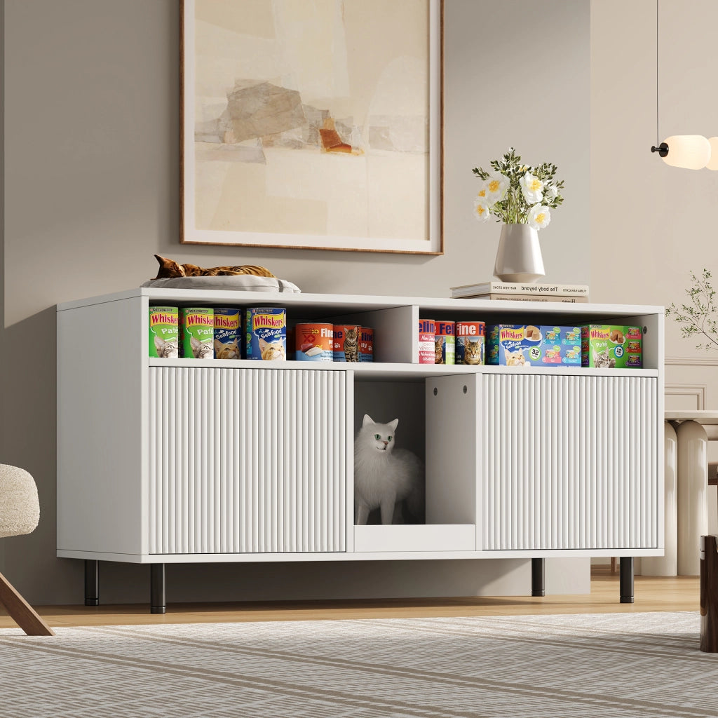 Mobile per lettiera gatto con tappetino raccogli sabbia e ripiano, consolle TV, senza lettiera, 120x50x66 cm, bianco