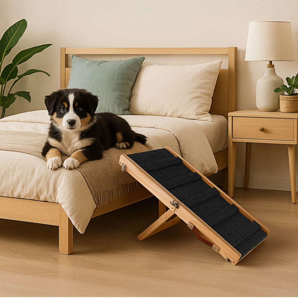 Rampa per Cani Pieghevole Antiscivolo in Legno – Altezza Regolabile fino a 53 cm – Rampa Portatile per Auto, Letto e Divano – Ideale per Cani Anziani e Cuccioli fino a 20 kg
