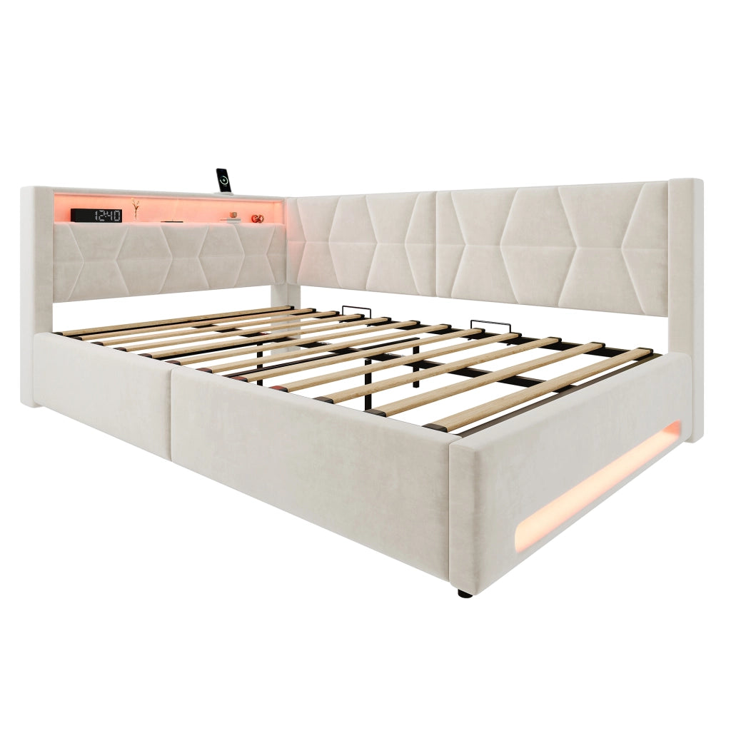 Letto imbottito 140x200 con contenitore; velluto beige; LED e porte USB Type-C