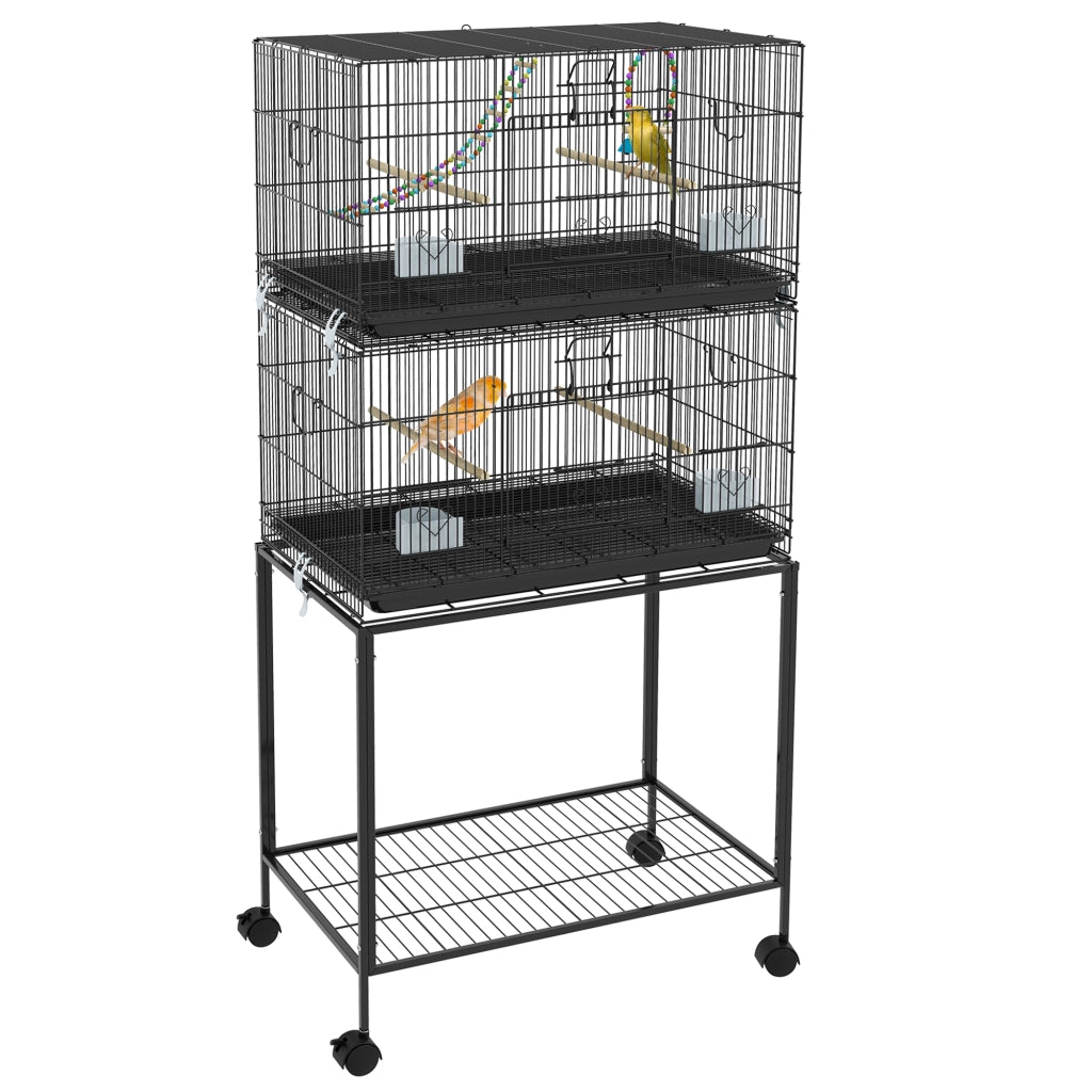 Gabbia per Uccelli Doppia Impilabile con Ruote Posatoi Vassoio Estraibile Altalena Scala ¨C Xylo ¨C 77x46x164 cm Nero