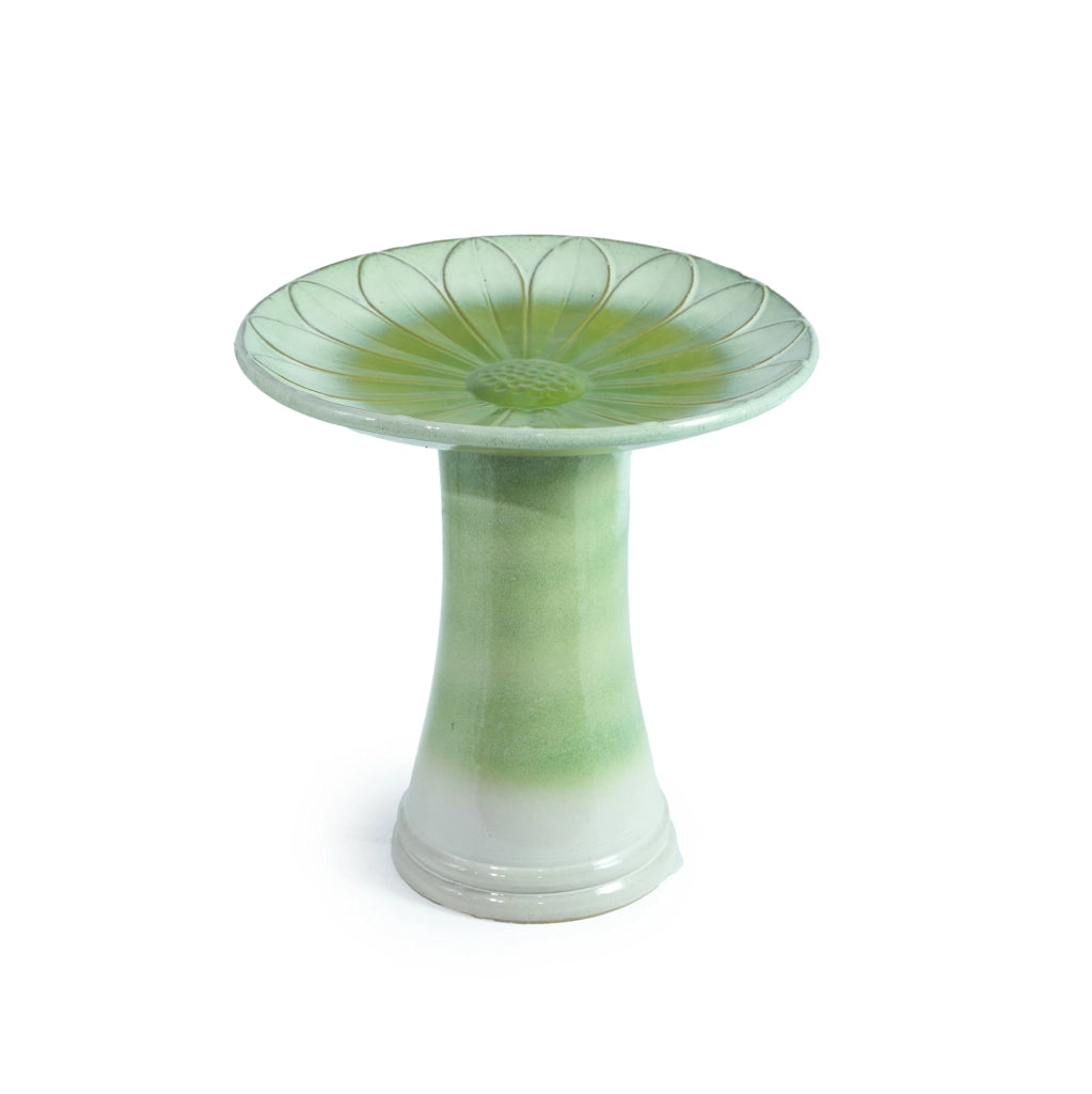 Abbeveratoio per Uccelli in Ceramica Artigianale con Rilievo a Fiori, Ø43 cm, Altezza 45 cm, Glassa Verde Chiaro Lucida, Resistente al Freddo e agli Agenti Atmosferici