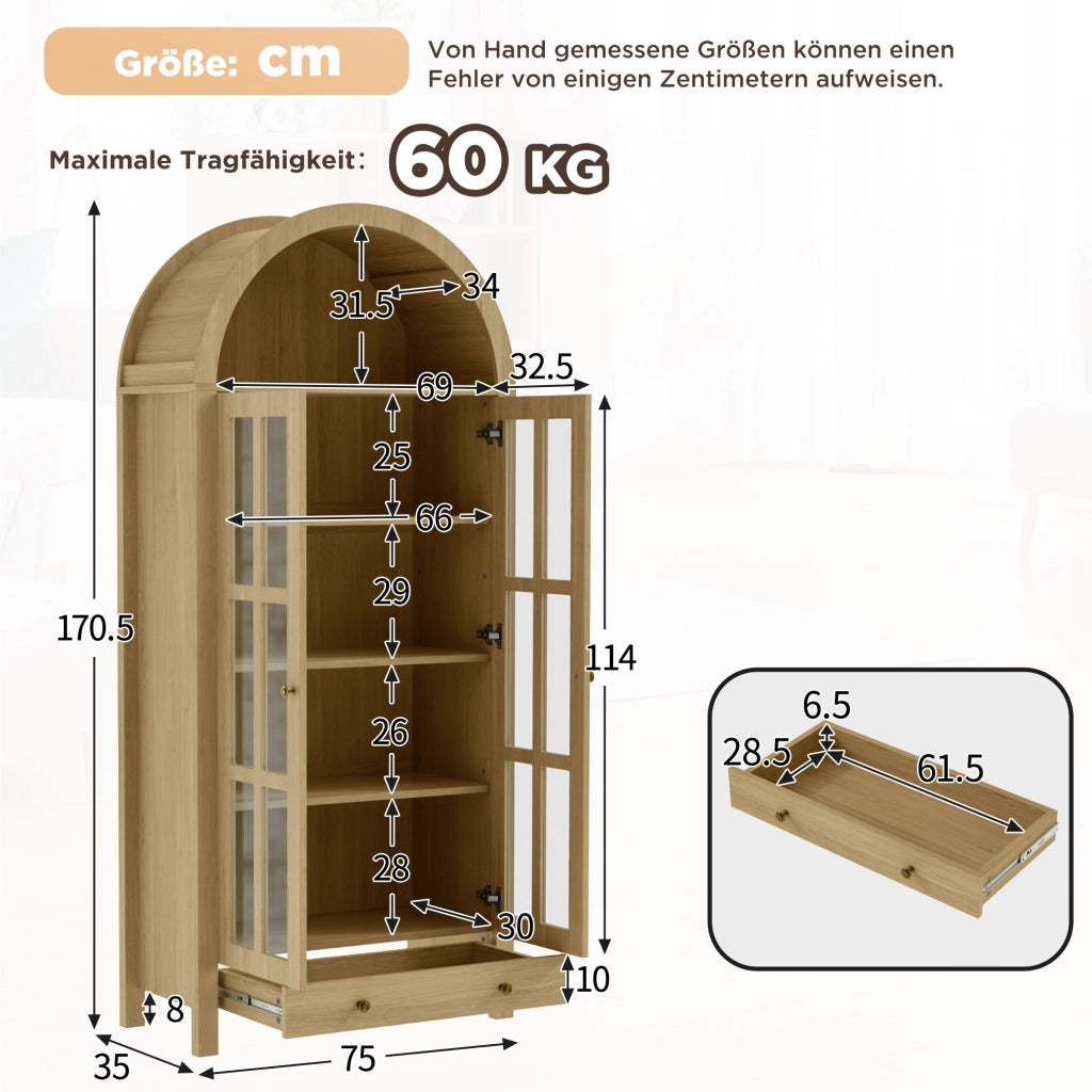 Vetrina ad arco con ante in acrilico trasparente e cassetto in MDF naturale per soggiorno 75 × 35 × 170.5 cm