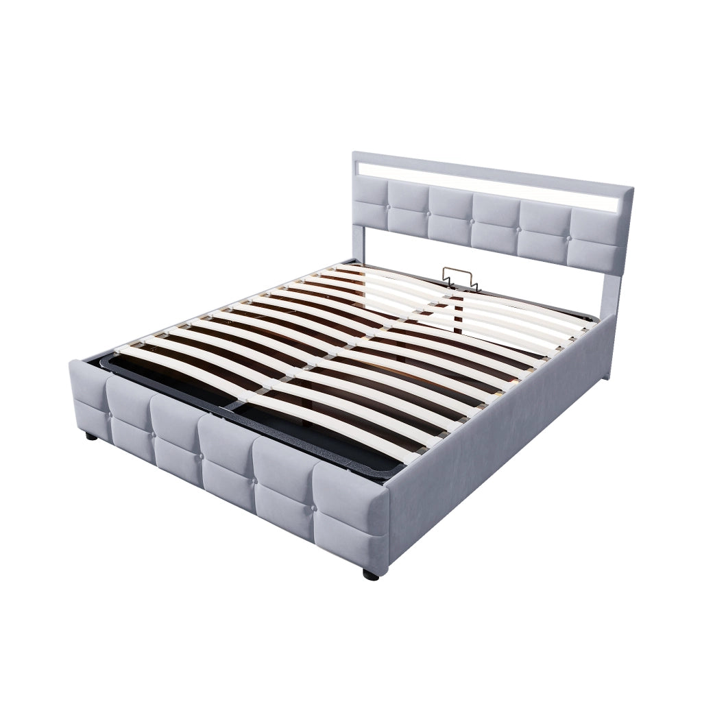 Letto Contenitore 180x200 cm; Sollevamento Idraulico; LED - in Velluto Grigio