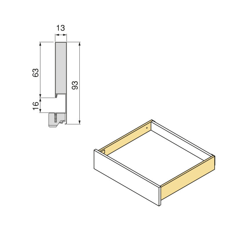 Cassetto esterno Vertex con regolazione 3D altezza 93mm, 40kg, profondità 500mm, Acciaio, Verniciato alluminio