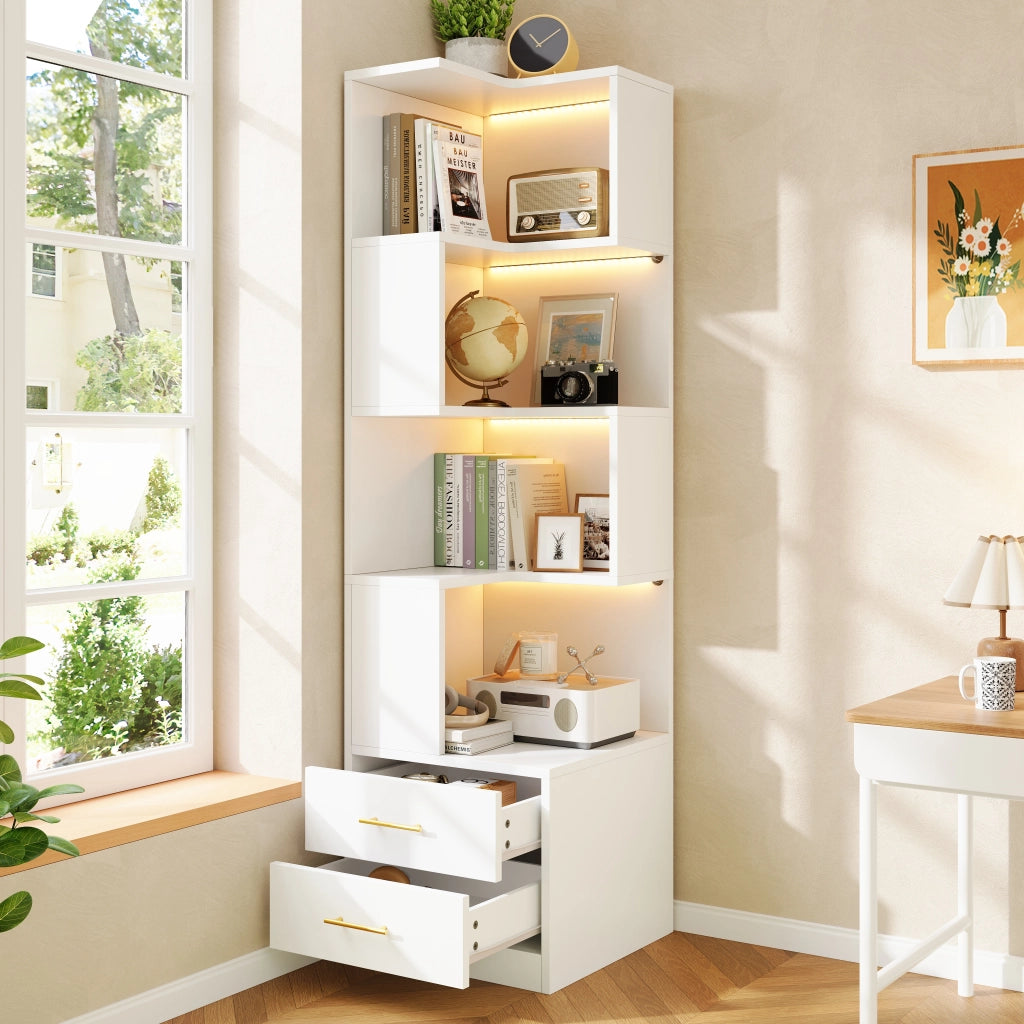 Scaffalatura angolare a 4 livelli con LED e 2 cassetti in pannello truciolare bianco 45 × 45 × 165 cm