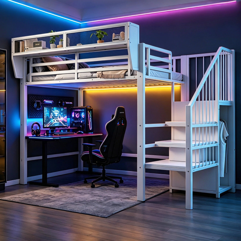 Letto a soppalco 90x200 con scala di sicurezza e LED, metallo e MDF, bianco e nero