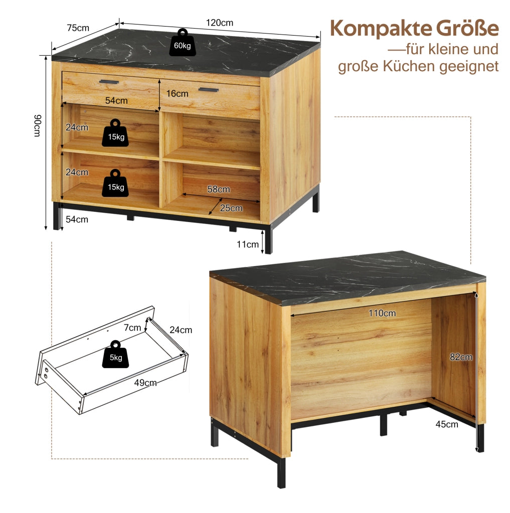 Isola da cucina 120x75x90 cm con 2 cassetti e 4 ripiani aperti in MDF nero e naturale