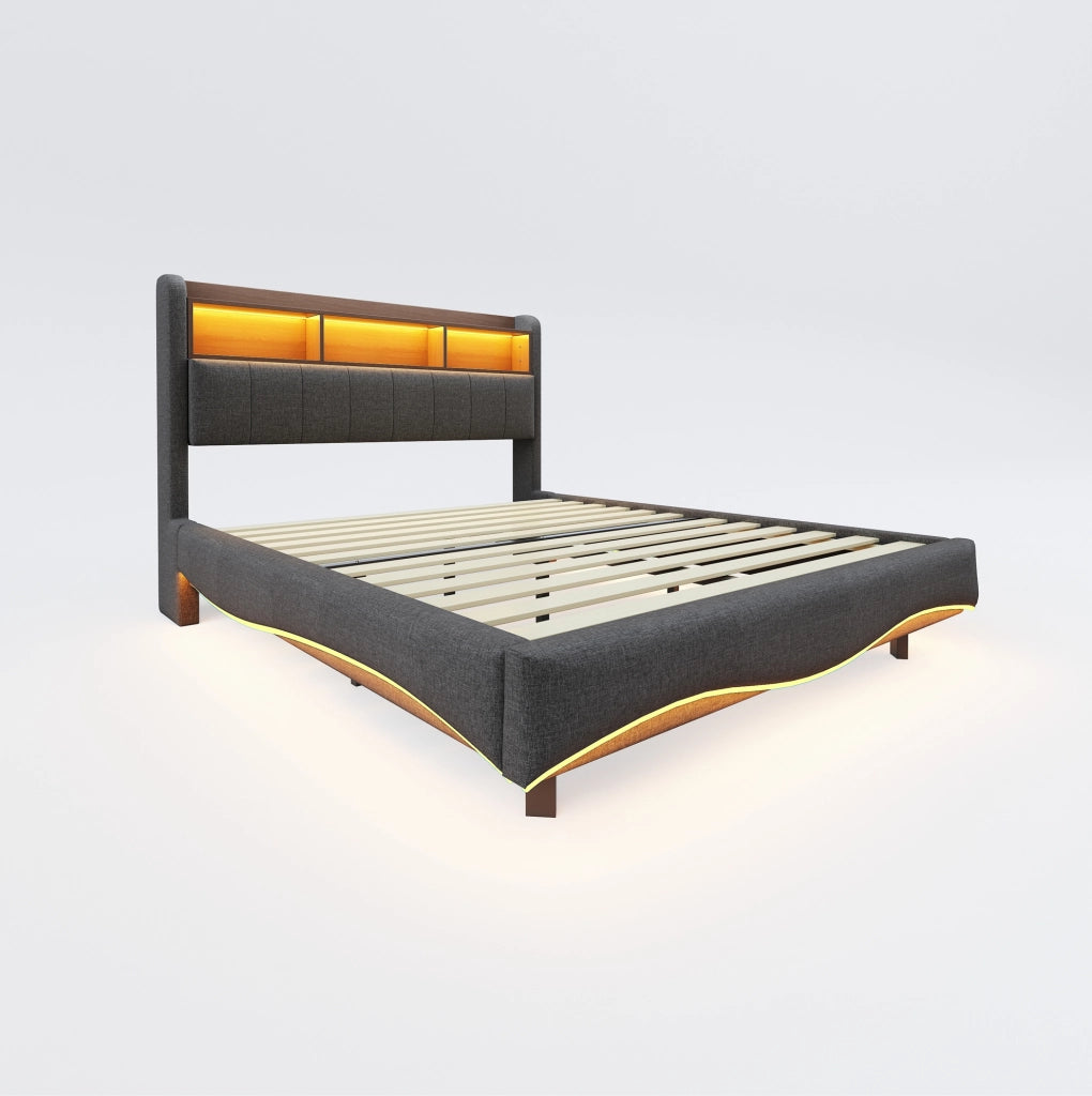 Letto imbottito 160x200 cm con LED, USB e USB-C in tessuto grigio