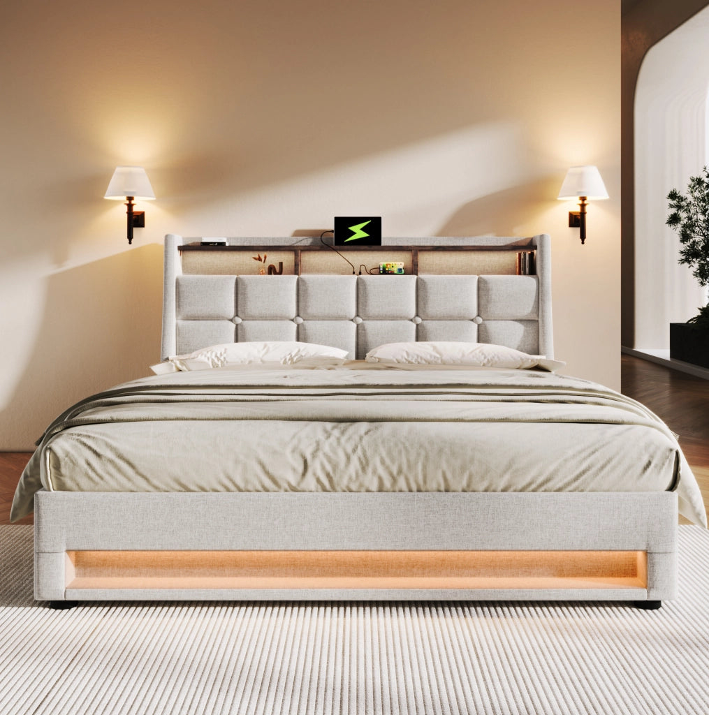 Letto imbottito 140x200 cm beige con LED, USB e contenitore