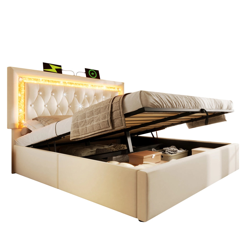Letto imbottito 180x200 cm beige in velluto con LED, USB-C e vano contenitore