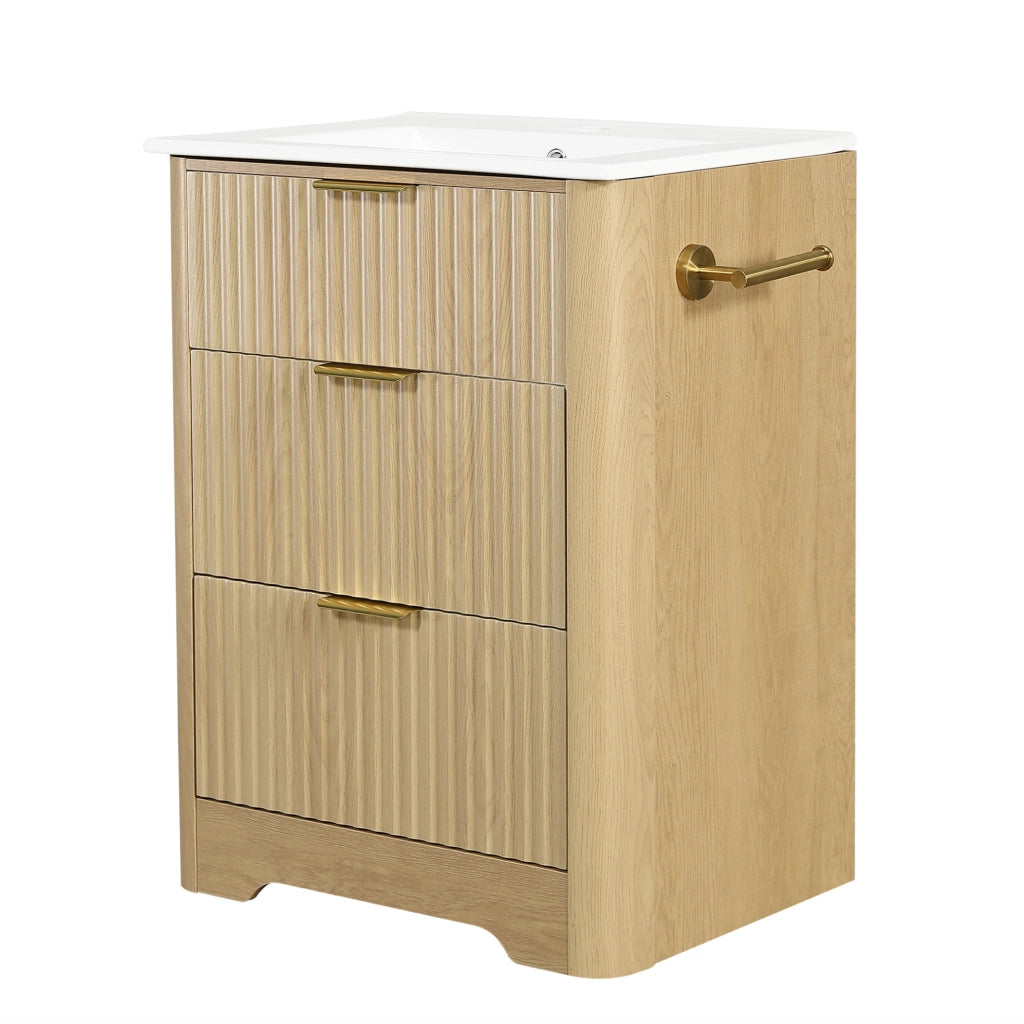 Mobile sottolavabo da 61 cm in legno con lavabo in ceramica, cassetti e portarotolo montabile su entrambi i lati, maniglie dorate, senza rubinetto