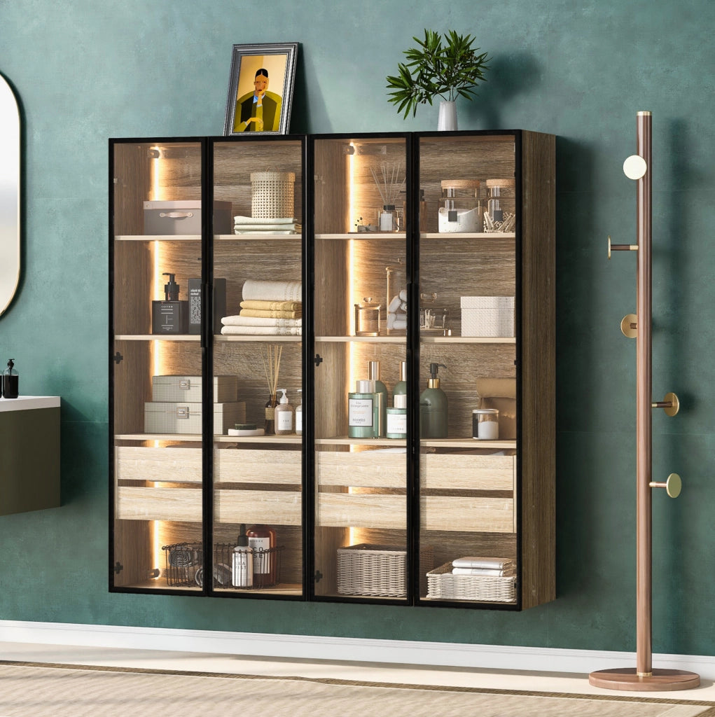Set di 2 armadi in MDF con LED e vetro satinato naturale