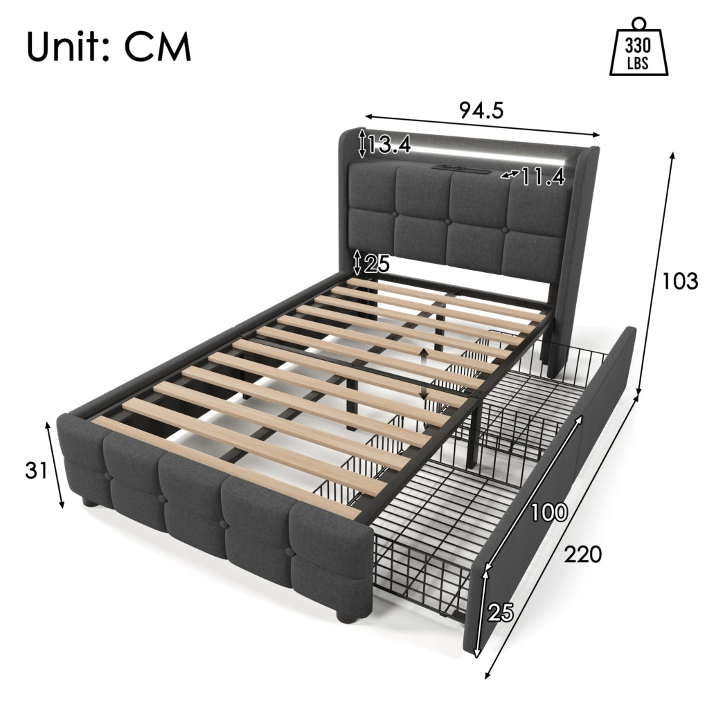Letto singolo imbottito 90x200 cm con USB, luci LED e 2 cassetti