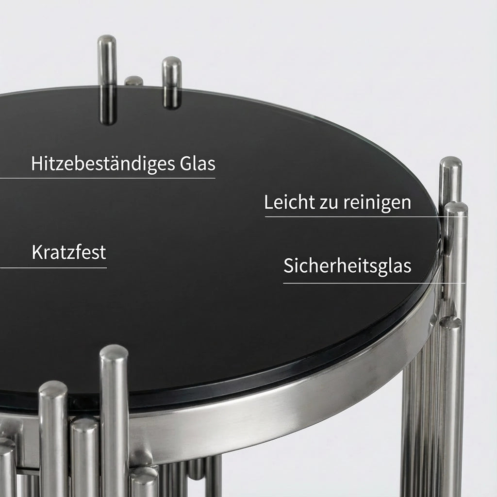 Tavolino basso fisso rotondo a due ripiani in vetro temperato nero con telaio in acciaio inox 56.5 × 51.0 × 27.0 cm