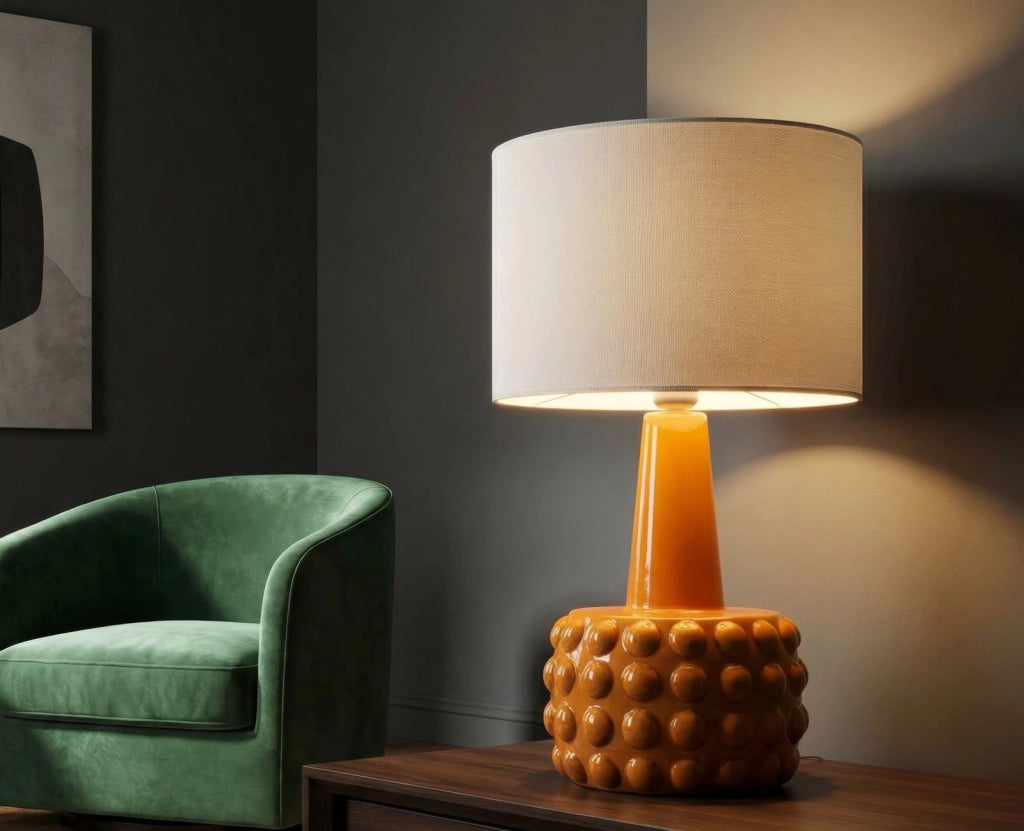 Lampada da Tavolo Gress Senape Ø30x51,5 cm in Ceramica e Ferro e Tessuto Senape e Bianco