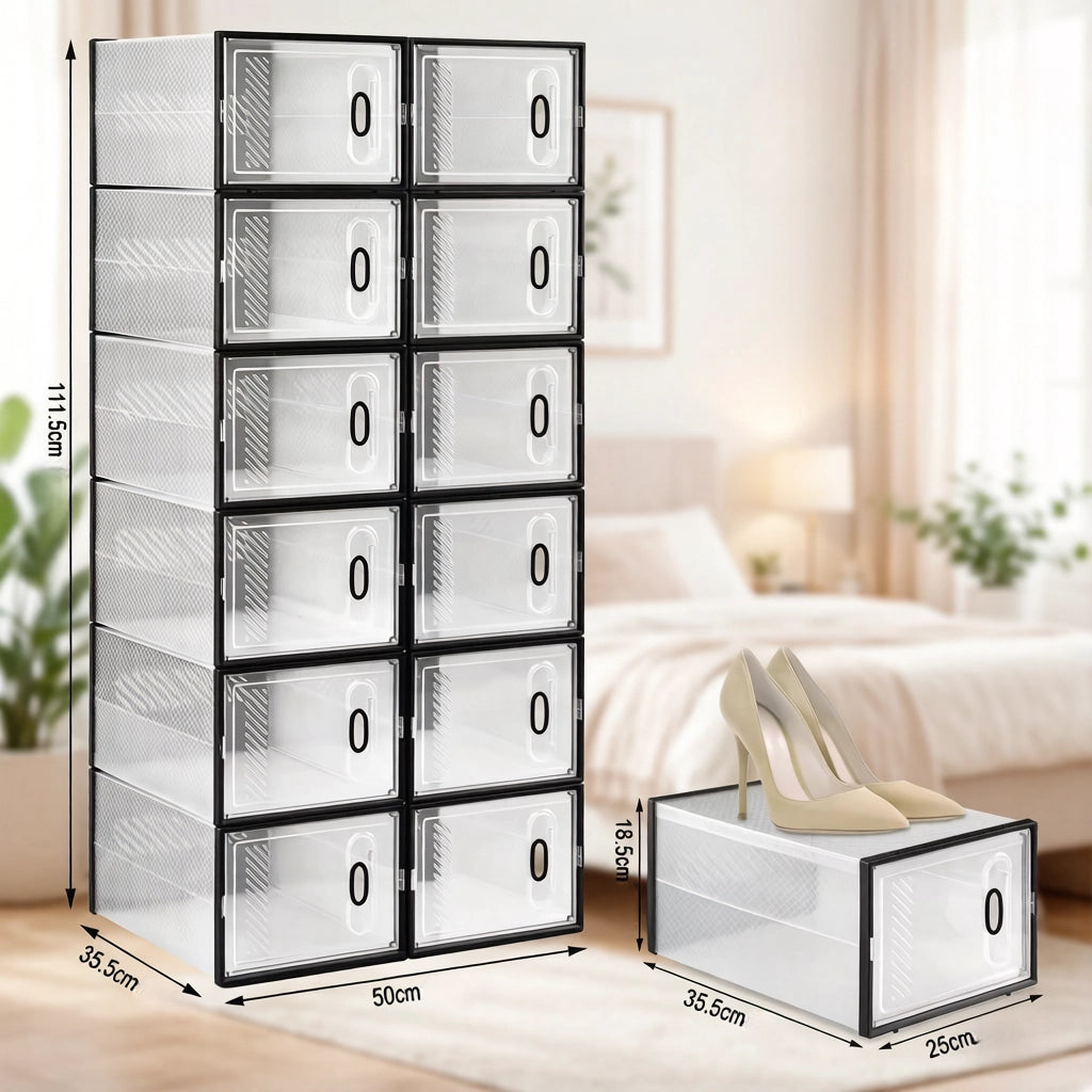Scarpiera modulare con 12 box impilabili e aperture frontali, in plastica trasparente e nera, per camera da letto