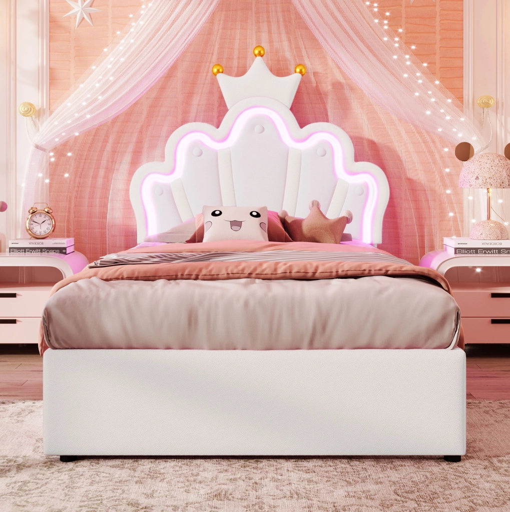 Letto imbottito 90x200 cm con LED, 2 cassetti e testiera regolabile