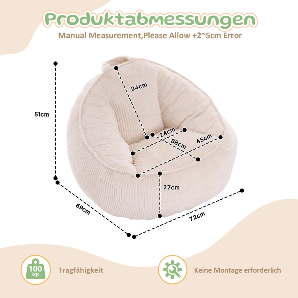 Poltrona pouf ergonomica per bambini con supporto per schiena e vita in velluto a coste beige