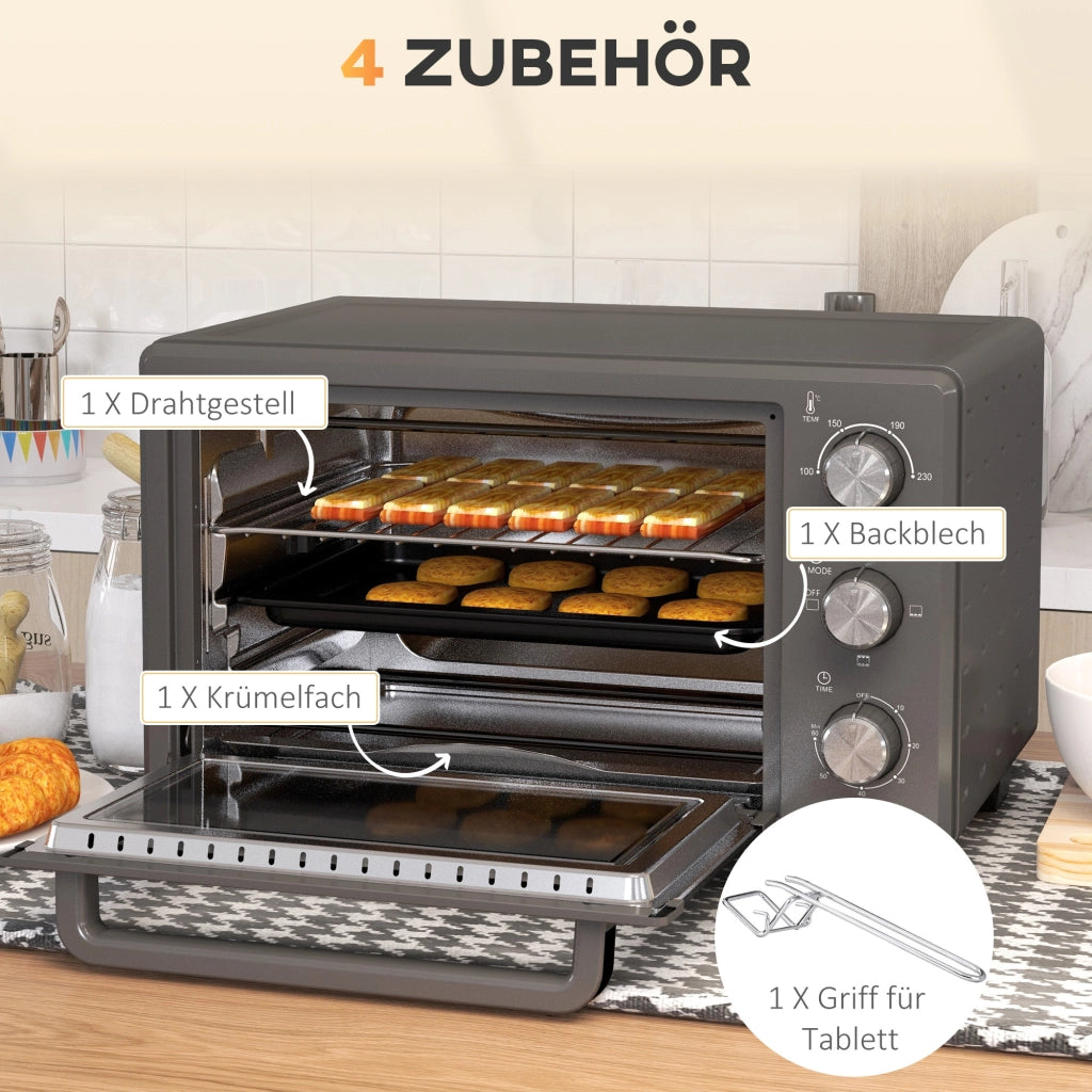 Mini Forno Elettrico 21L 1400W, Timer 60 Min, Temp 100-230°C, in Acciaio Inox Grigio, con Teglia e Griglia