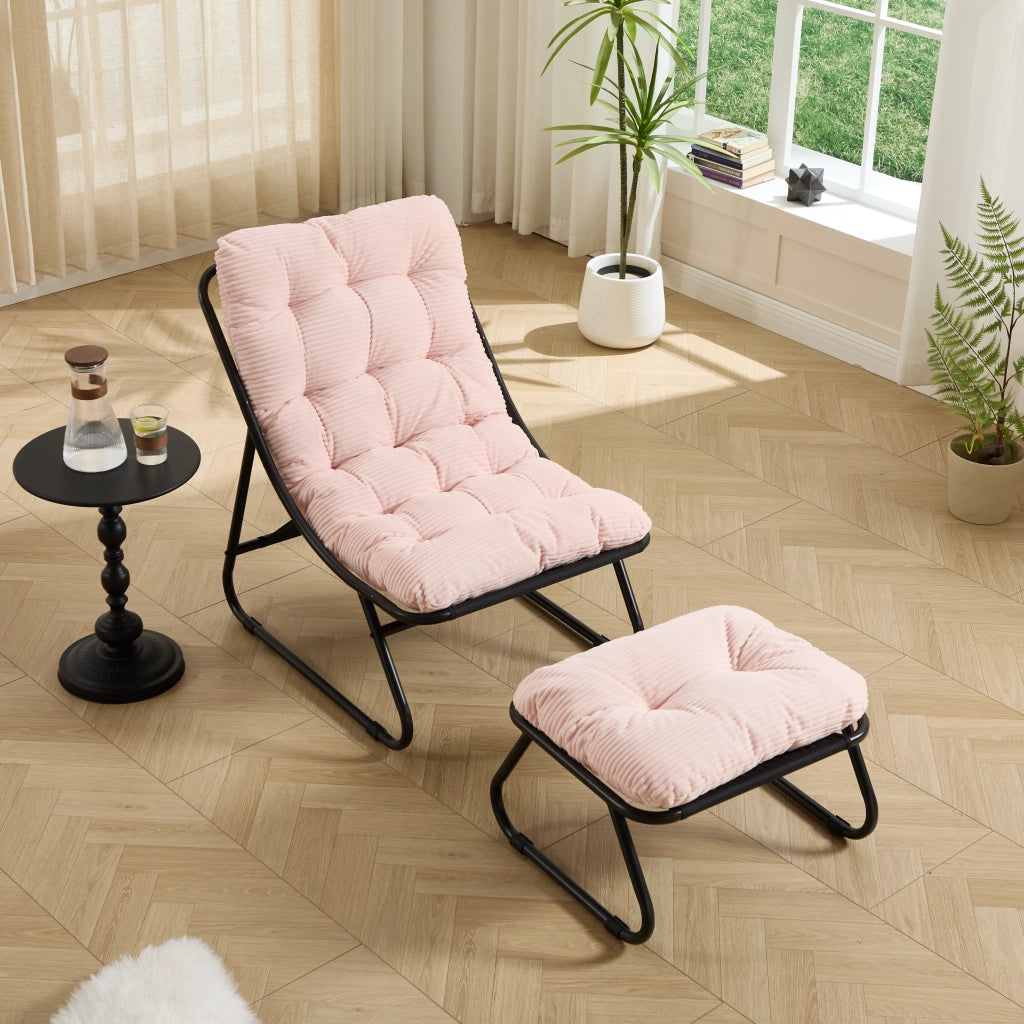 Poltrona reclinabile da esterno con poggiapiedi, cuscino imbottito, struttura nera e cuscino rosa
