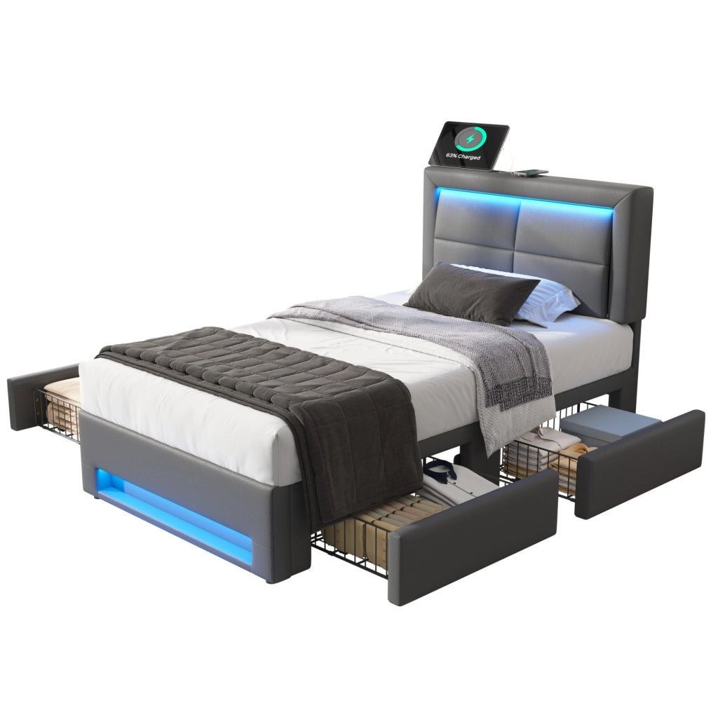 Letto imbottito 90x190 cm con USB; LED e 4 cassetti; PU grigio
