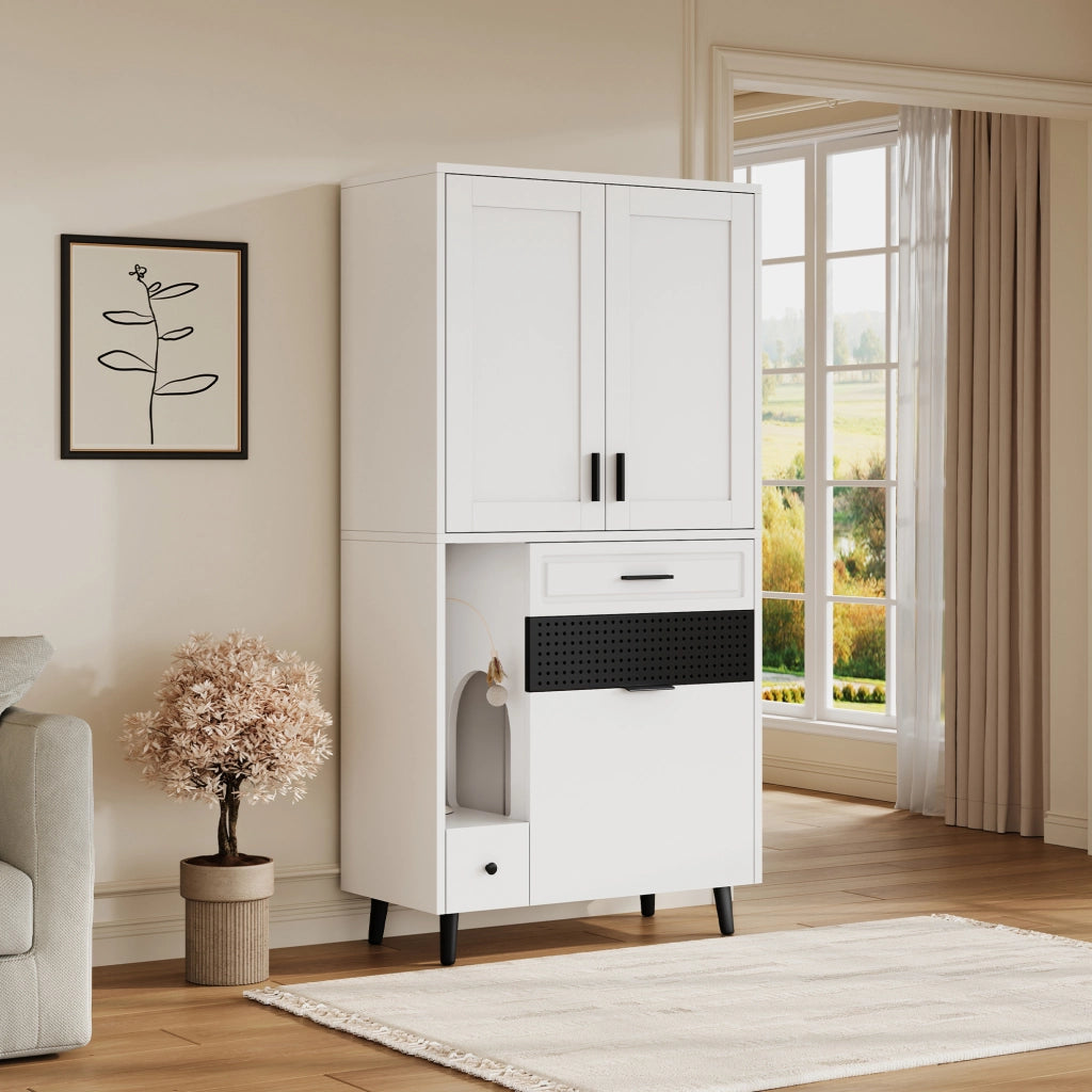 Mobile contenitore per gatti 80x40x161 cm con cassetti e vano cuccia; bianco