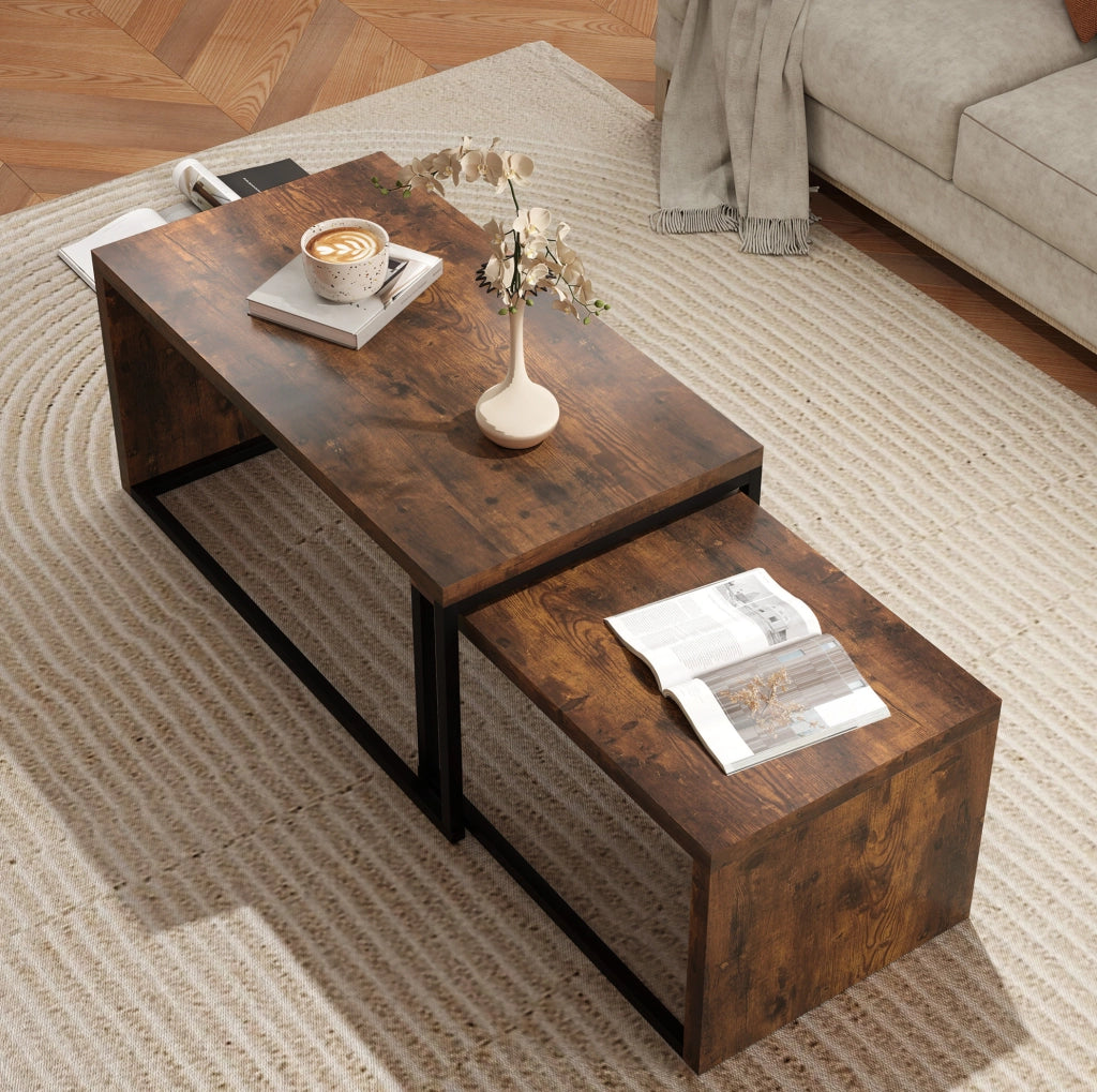 Set di 2 tavolini da caffè marrone rustico e nero in MDF e metallo