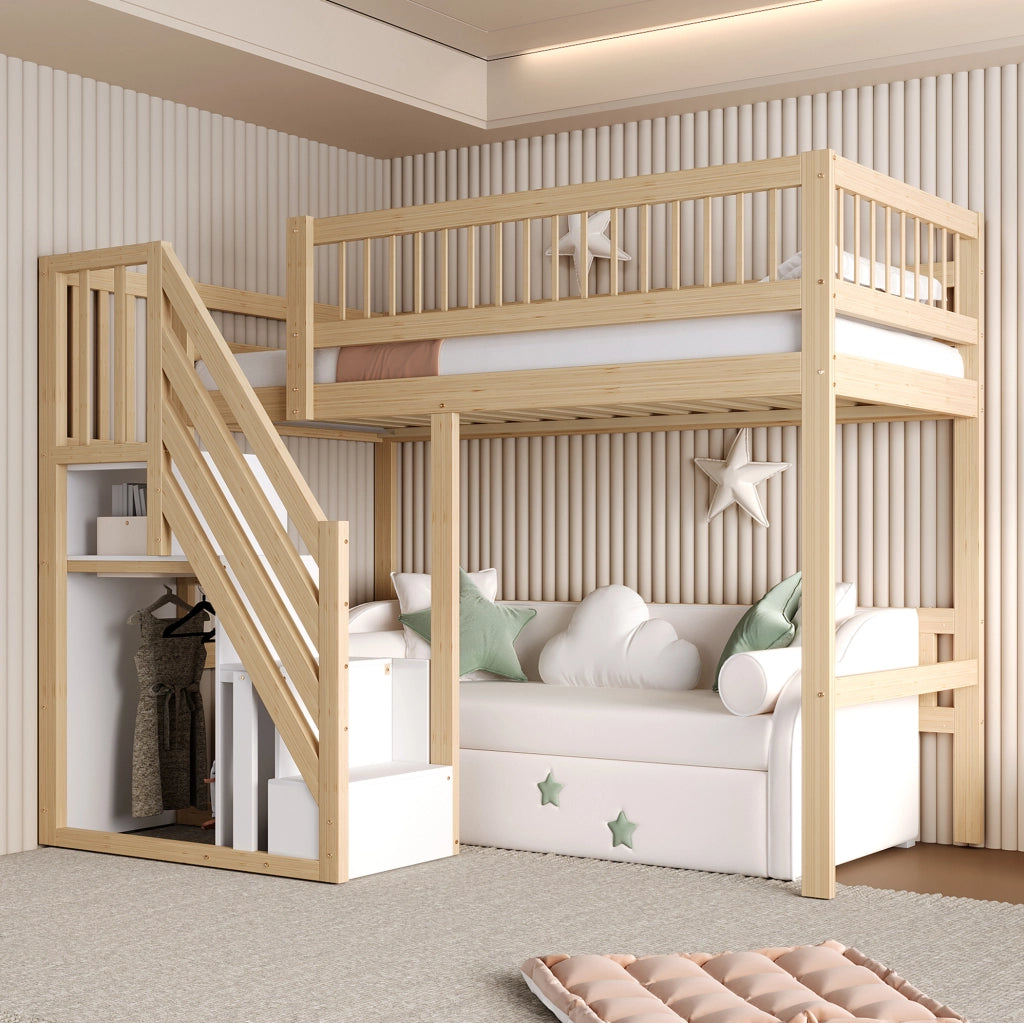 Letto rialzato per bambini 90x200 cm con scala contenitore; in legno