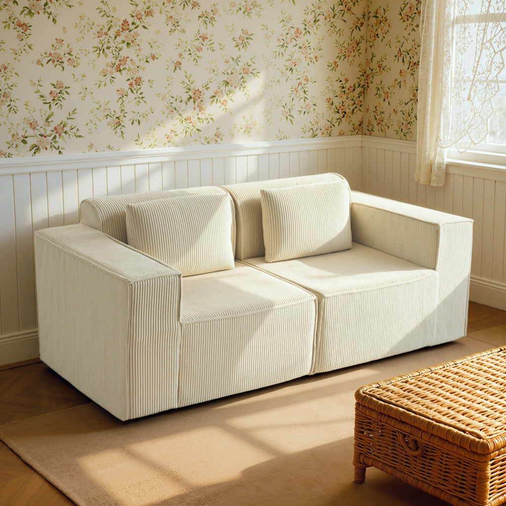 Divano 3 posti modulare con seduta profonda ¨C Xylo ¨C Velluto a coste beige con braccioli larghi e 2 cuscini