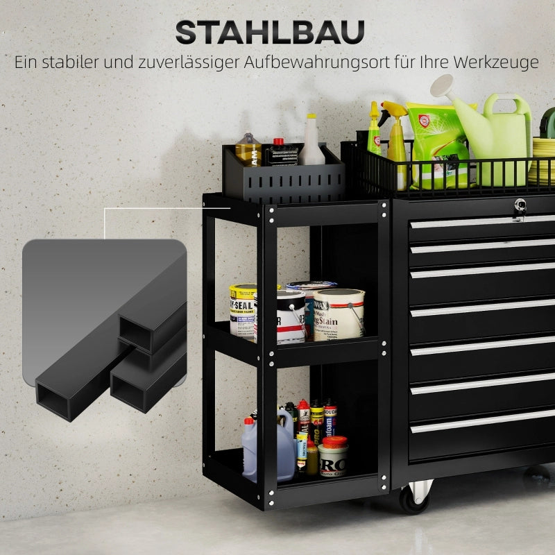 Carrello da officina/carrello portautensili con 7 cassetti, ripiano laterale removibile, 4 ruote con freno di bloccaggio, 96x33,5x75 cm, nero