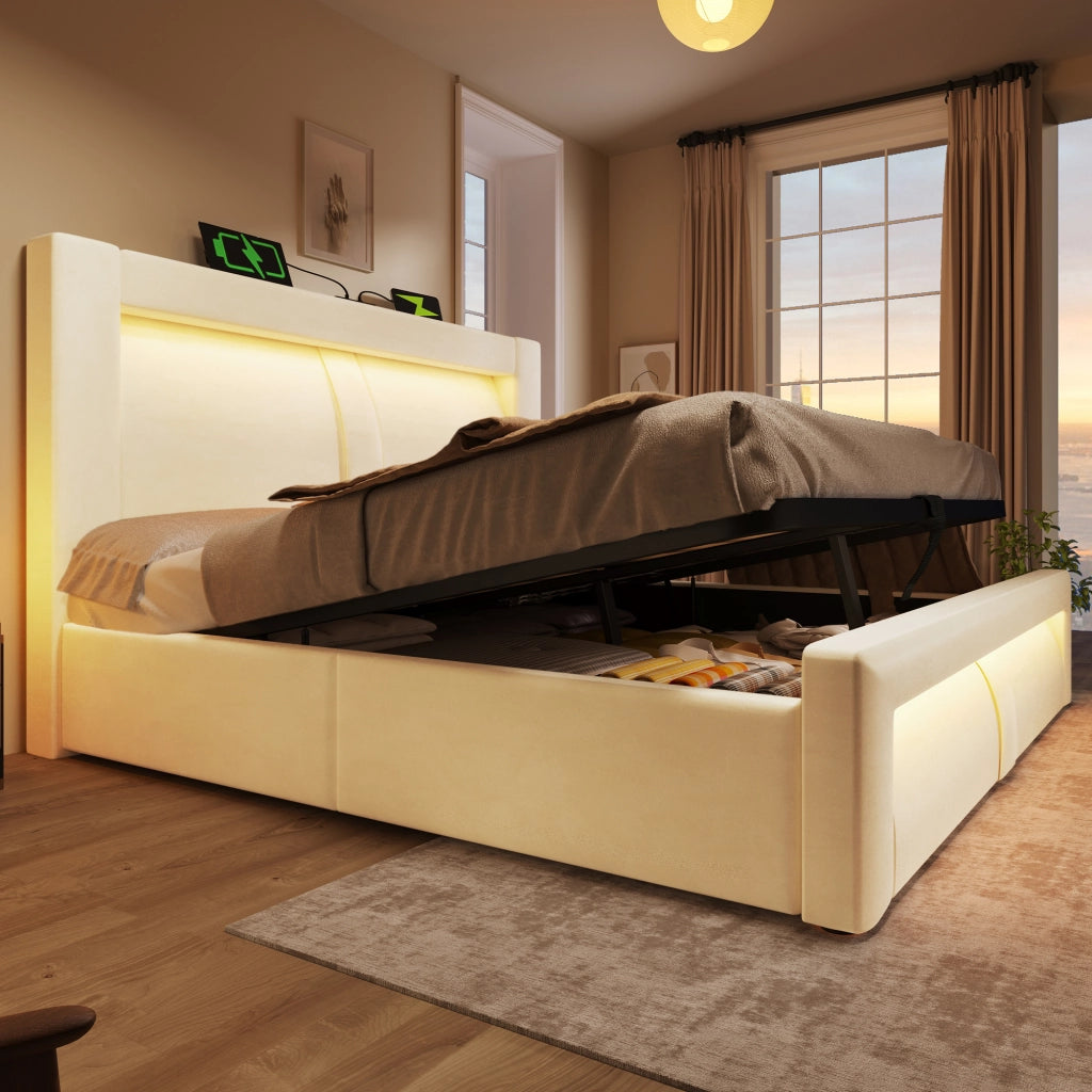 Letto matrimoniale contenitore 140 × 200 cm con testiera curva in velluto beige LED USB e Type-C