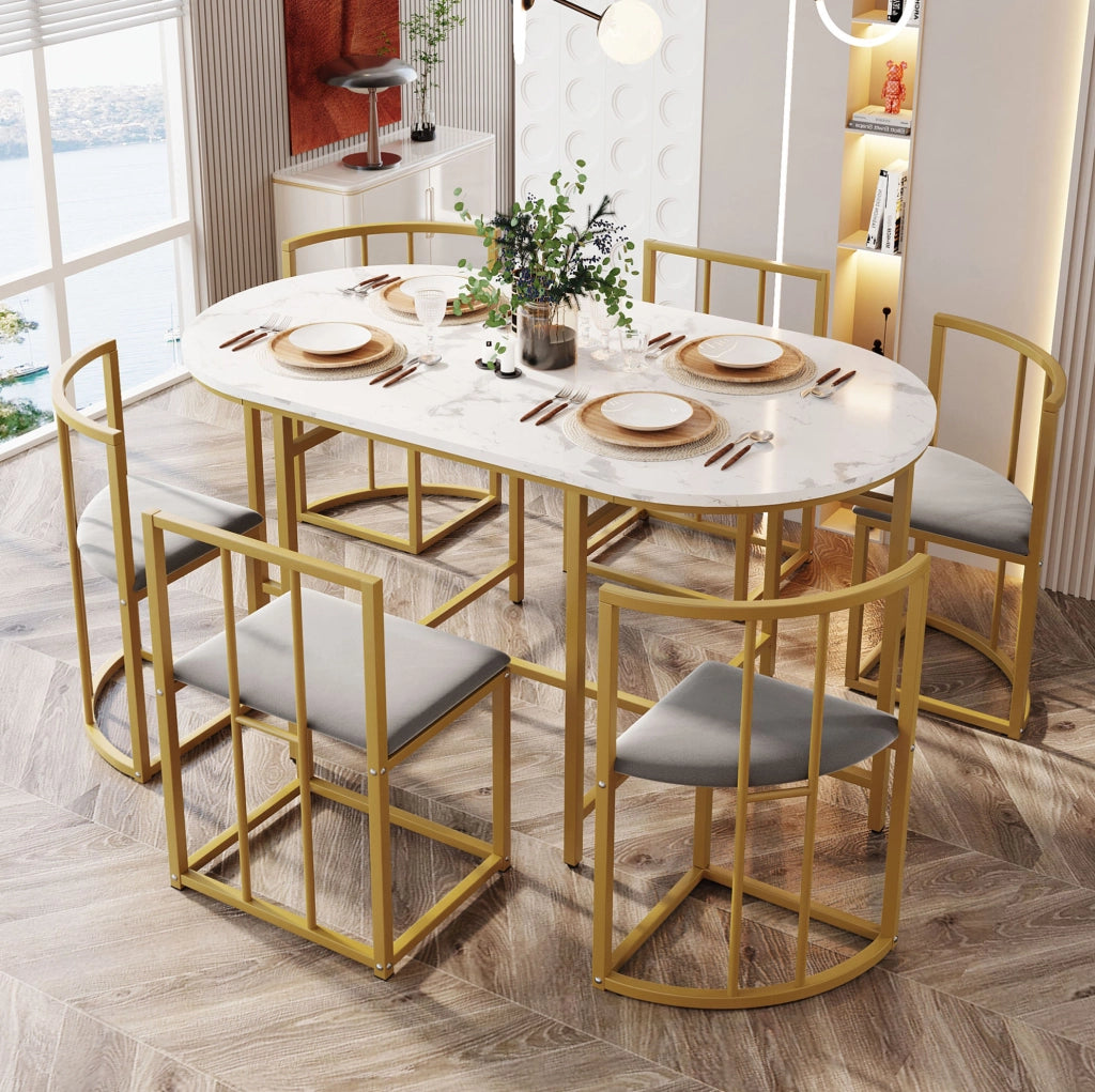 Set tavolo da pranzo bianco con 6 sedie in velluto grigio