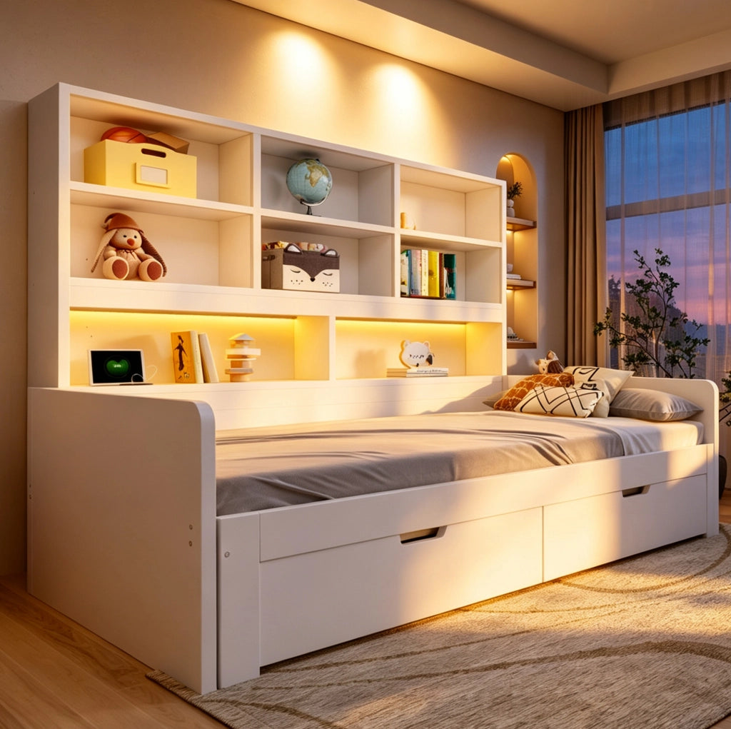 Letto da giorno estraibile 90/180 x 200 cm con 2 cassetti; LED e prese; MDF bianco