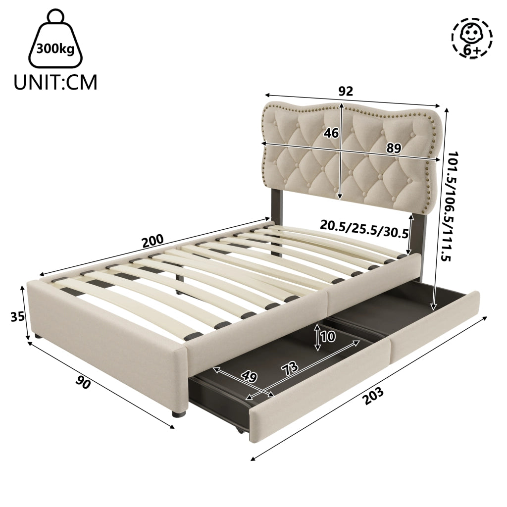 Letto singolo imbottito 90x200 cm in lino e MDF; beige scuro con 2 cassetti