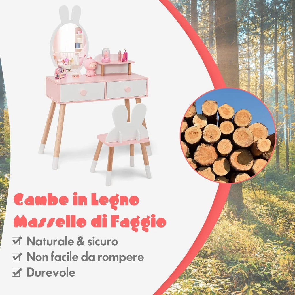 Toeletta Trucco 2 in 1 per Bambina a Forma di Coniglio, Bianco
Specchiera Staccabile per Ragazza in Legno con Sgabello, Ripiano e 2 Cassetti, Postazione Trucco, 78 x 37 x 110cm