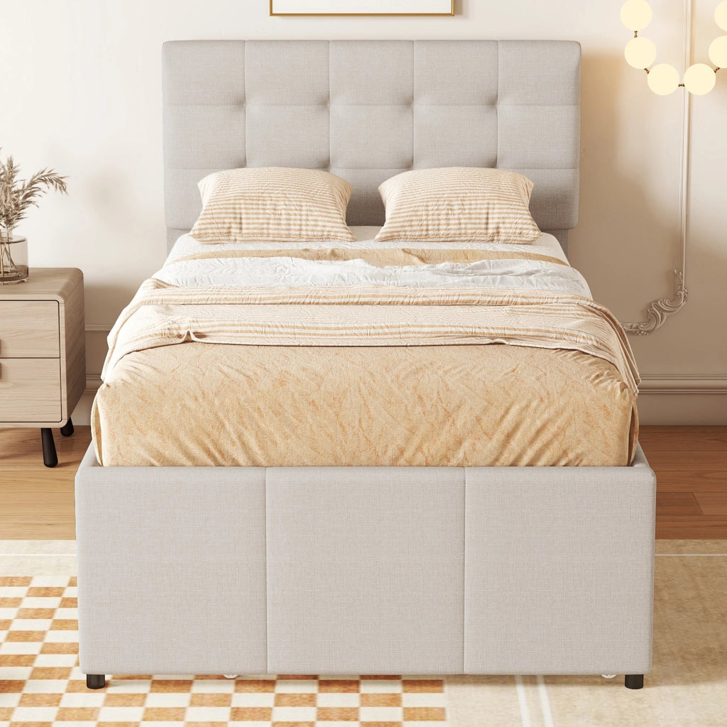 Letto Imbottito Estraibile con Testiera Regolabile e Cassetti ¨C MINIMAL ¨C Beige 90x200