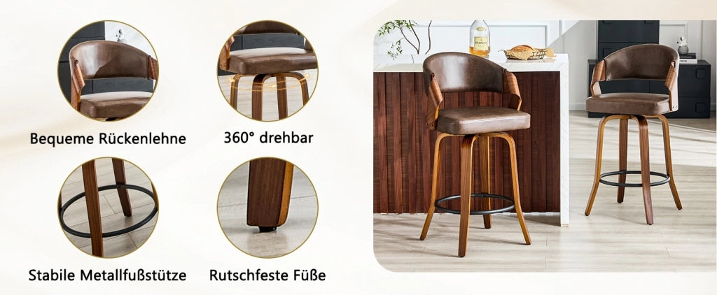 Set di 2 Sgabelli da Bar con Schienale in Legno e PU, Altezza 95 cm, stabili e comodi